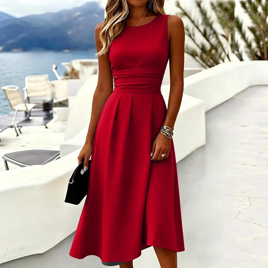 Sleeveless Casual Midi Dress for Women Round Neck Sleeveless Dress with Waistband Elegant Fit and Flare Style Suitable for Daily Wear and Events