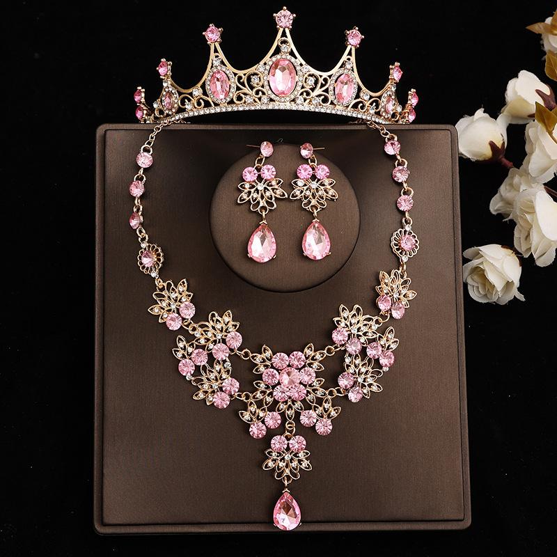 Pink Bridal Crown Three Piece Suit Wedding Crown Tiara Necklace Earrings Korean Super Fairy Wedding Dress Accessories