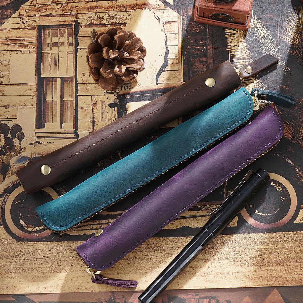 AIGUONIU Mini Handwritten Leather Pencil Case Portable Cowhide Zipper Pen Protective Case