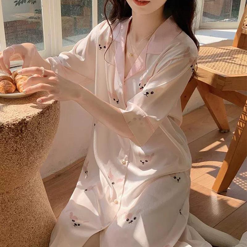 

Ветер Осень Ледяной шелк Простая Тонкая Пижама Женская С короткими рукавами Милая Домашняя одежда Ночная рубашка Домашняя одежда M