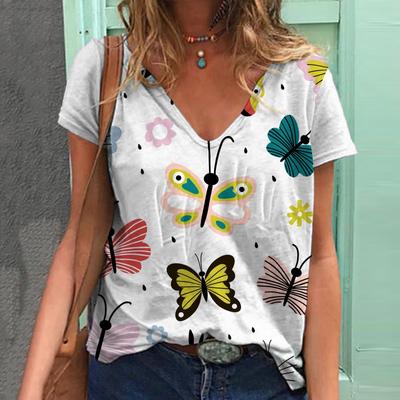 Summer Women's V-neck Women's Butterfly 3D Digital Printed Loose Casual Short Sleeved Shirt T-Shirts Women’s