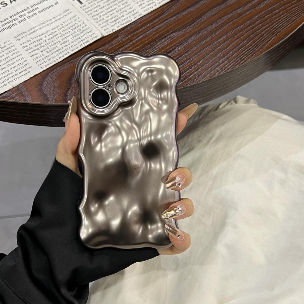 Luxury Glossy Reflective Tinfoil Wave Pattern Case For iPhone 16 Plus 15 14 13 12 Pro Max 11 3D Curved Bright Plating Cover