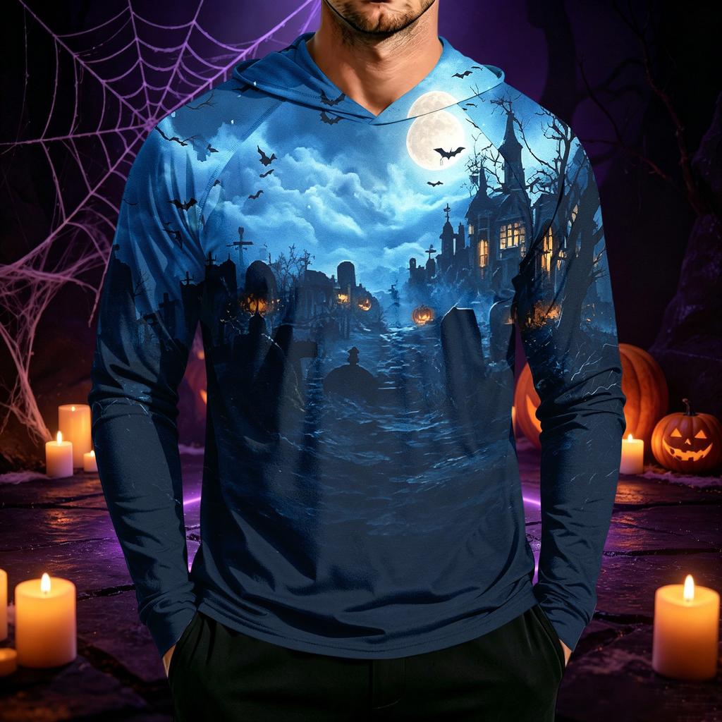 Men's Long Sleeve Hoodie Halloween Print Lightweight Pullover for Casual Wear