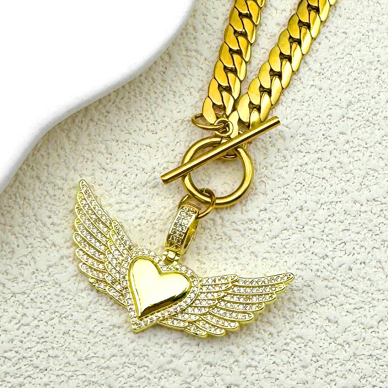 Love Heart Angle Wing Zircon Choker Necklace for Women Men Stainless Steel Clavicle Chain Copper Pendant Couple Jewelry Gift