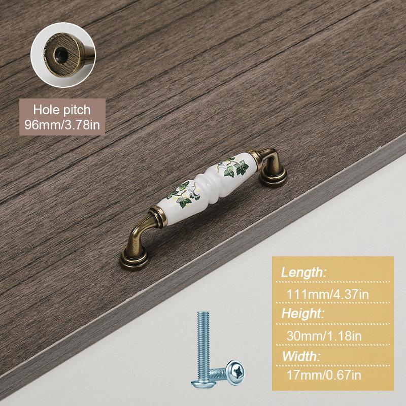 

1 шт. Керамическая винтажная старинная коричневая рустикальная узорная традиционная ручка-скоба в деревенском стиле с цветочным дизайном, богато украшенная 111mm белый