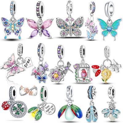 Original Luminous Firefly Wings Butterfly Pink Zircon Beads Charms Fit Copper Bracelet Women Diy Festival Gift Jewelry