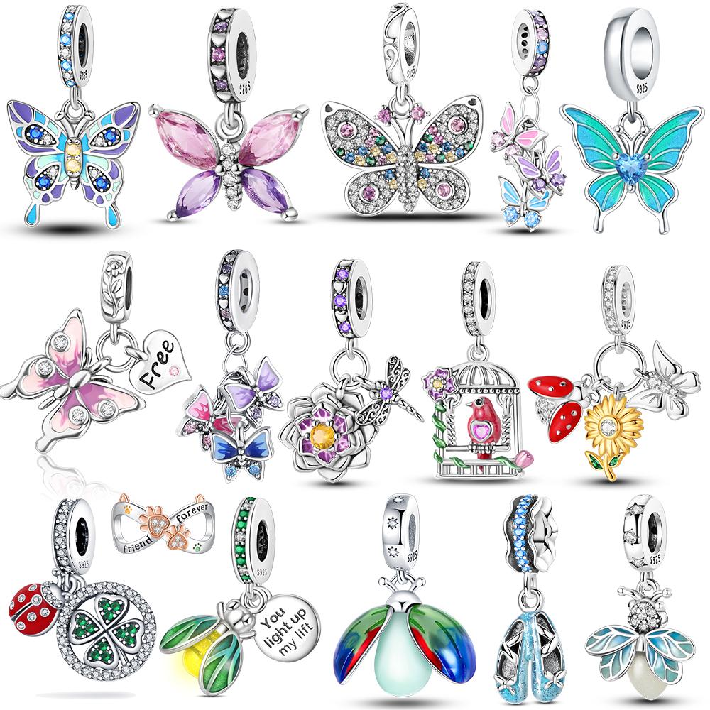 Original Luminous Firefly Wings Butterfly Pink Zircon Beads Charms Fit Copper Bracelet Women Diy Festival Gift Jewelry
