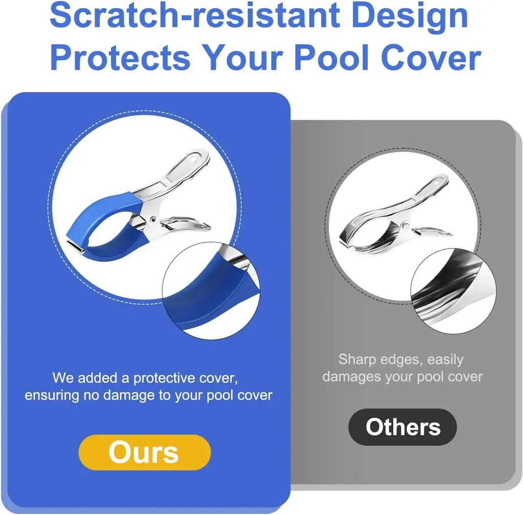 6 Pieces Durable Stainless Steel Pool Cover Clips with Blue Plastic Handles - Heavy Duty Windproof Spring Clips for Secure Above