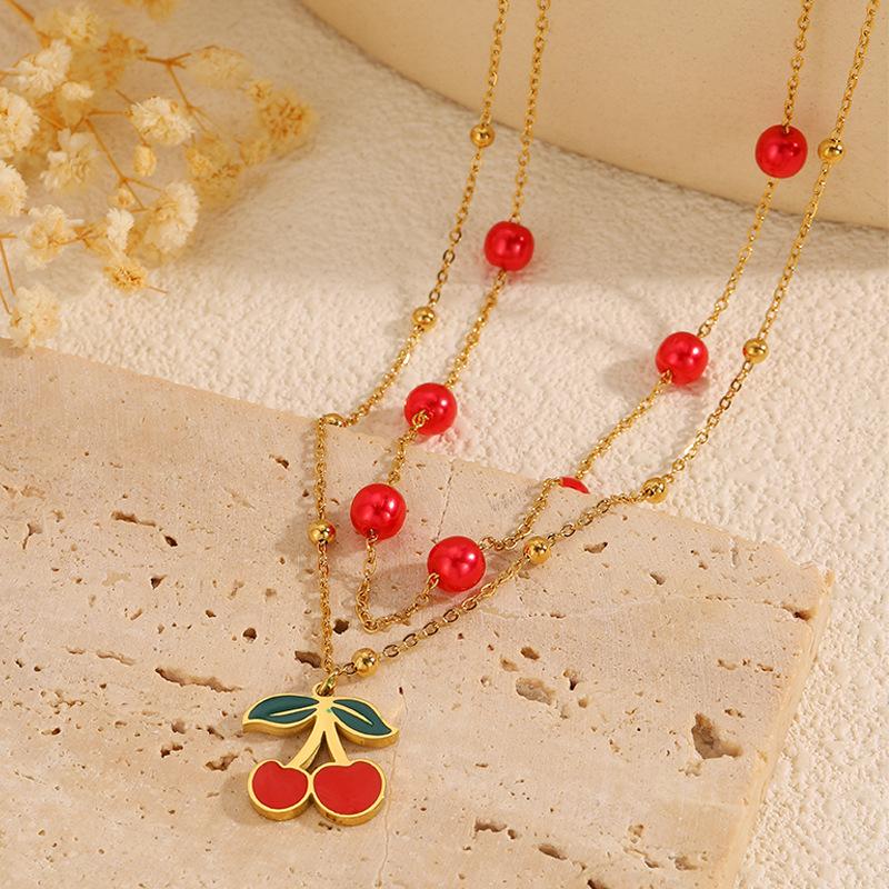 Stainless steel necklace pastoral cherry pendant necklace does not fade female titanium steel necklace fresh small cherry necklace