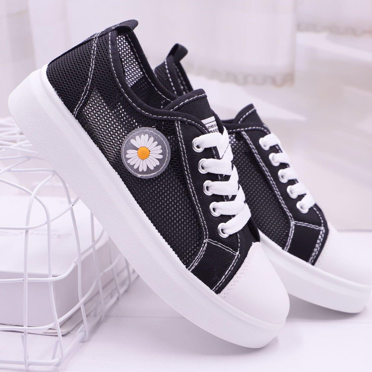 

мода новый стиль женские парусиновые кроссовки корейская мода школьницы универсальные кружевные сетчатые туфли маленькая вышивка ромашка запатиллы Mujer 40 чёрный