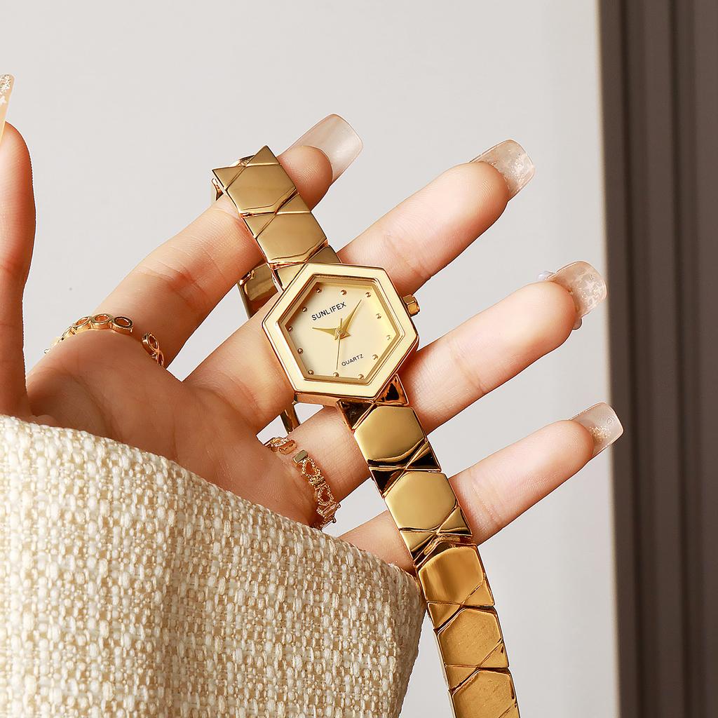 Sunlifex Honeycomb Hexagonal Light Luxury Women'S Watch Quartz Watch Niche Design Fashion Watch Gold Steel Belt