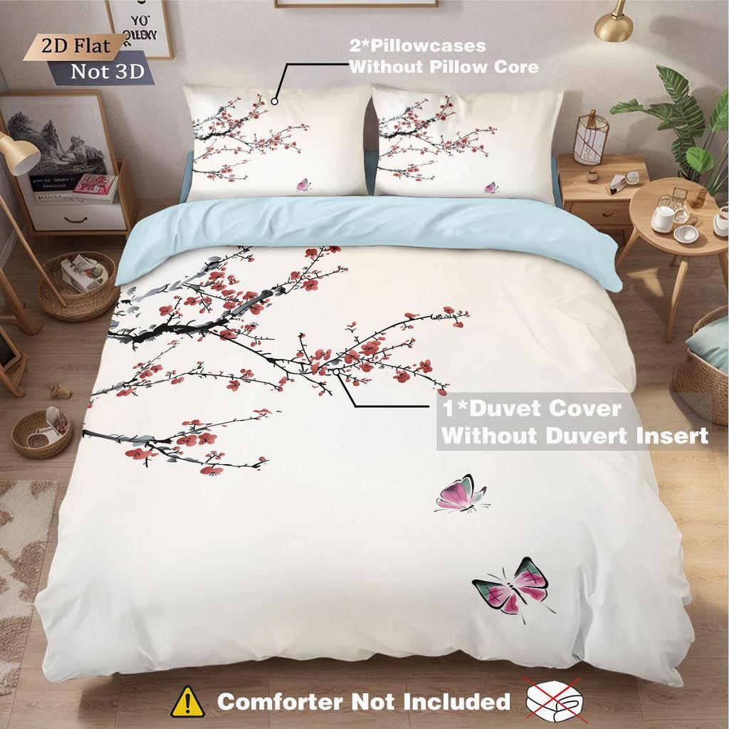Three-Piece Pink Plum Blossom Brushed Duvet Cover Bedding Set - Custom Patterns Available