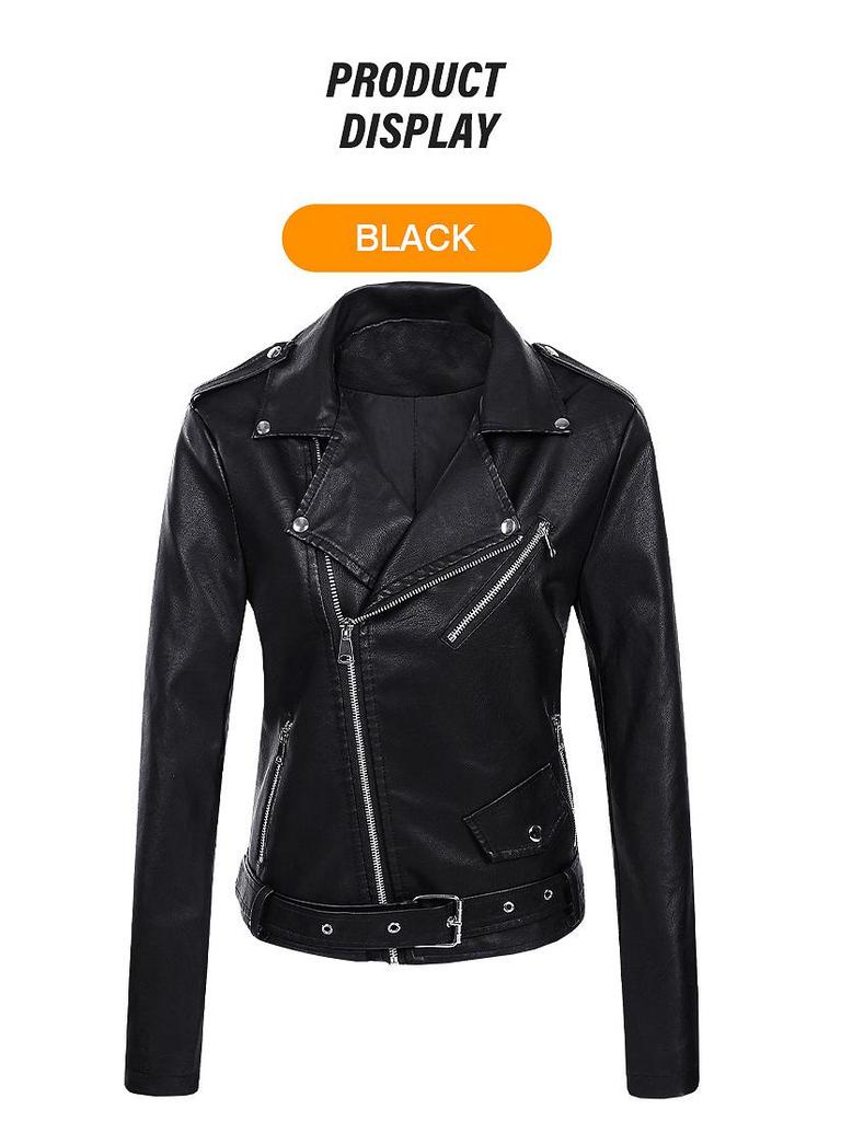 2022 Women's Short PU Leather Motorcycle Jacket - Spring/Autumn Fashion