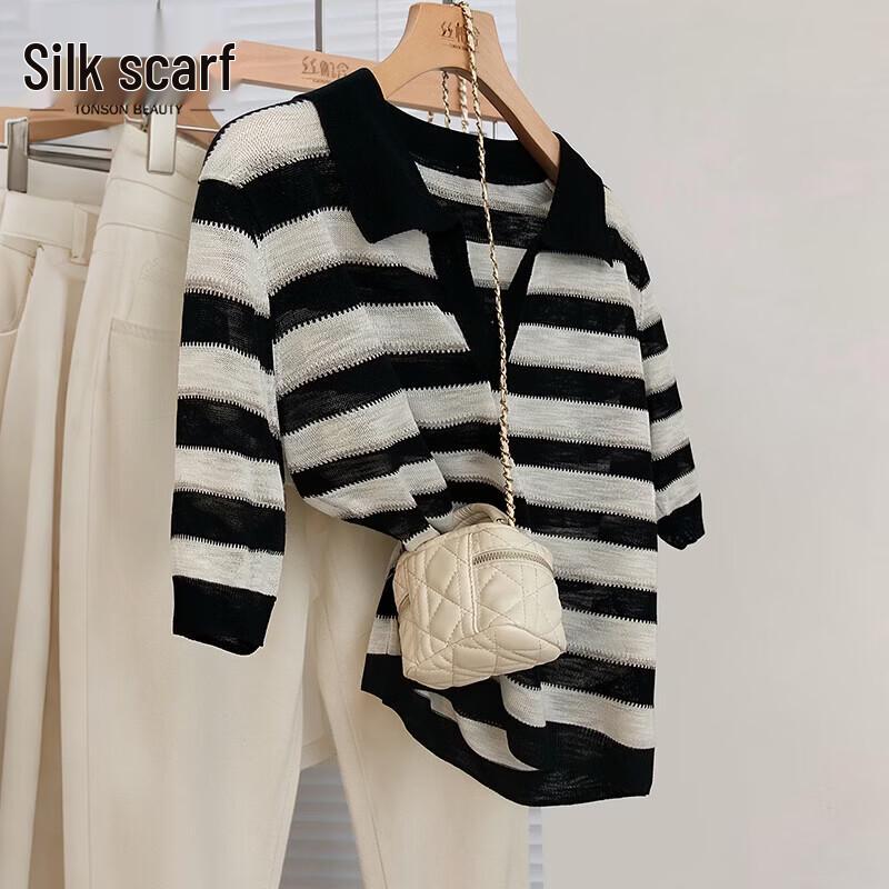 Women s Loose Fit Contrast Stripe Pullover Blouse One Size