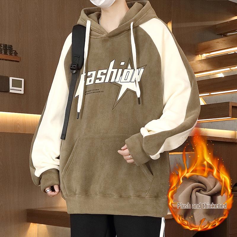 Men's 2025 Style Double-Sided Fleece Hoodie, Thickened Inner Layer, Solid Color, Trendy Winter Outerwear for Teens with Hood