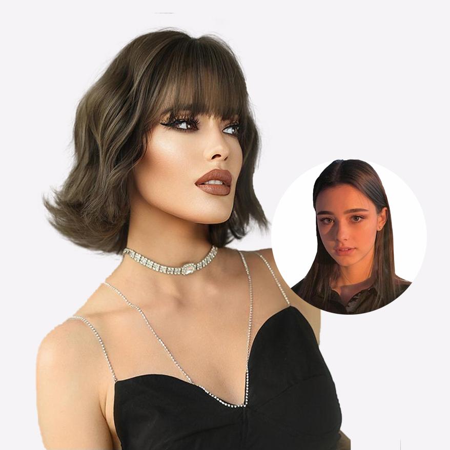 Short Curly Bob Wig Water Wave with Blunt Bangs | Natural Looking Everyday Party Wig | Comfort Fit Adjustable Cap (European & American Style)