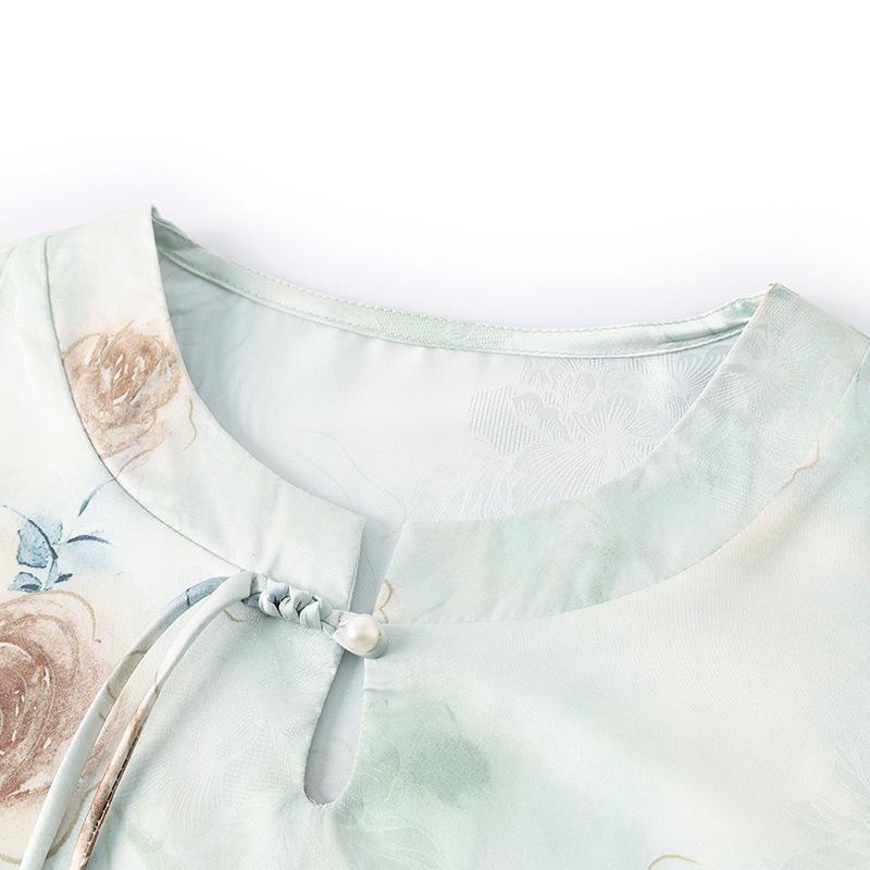 Women's Summer Chiffon Blouse: New Chinese Style, National Influence T-Shirt for Middle-Aged & Elderly with Seven Sleeves.