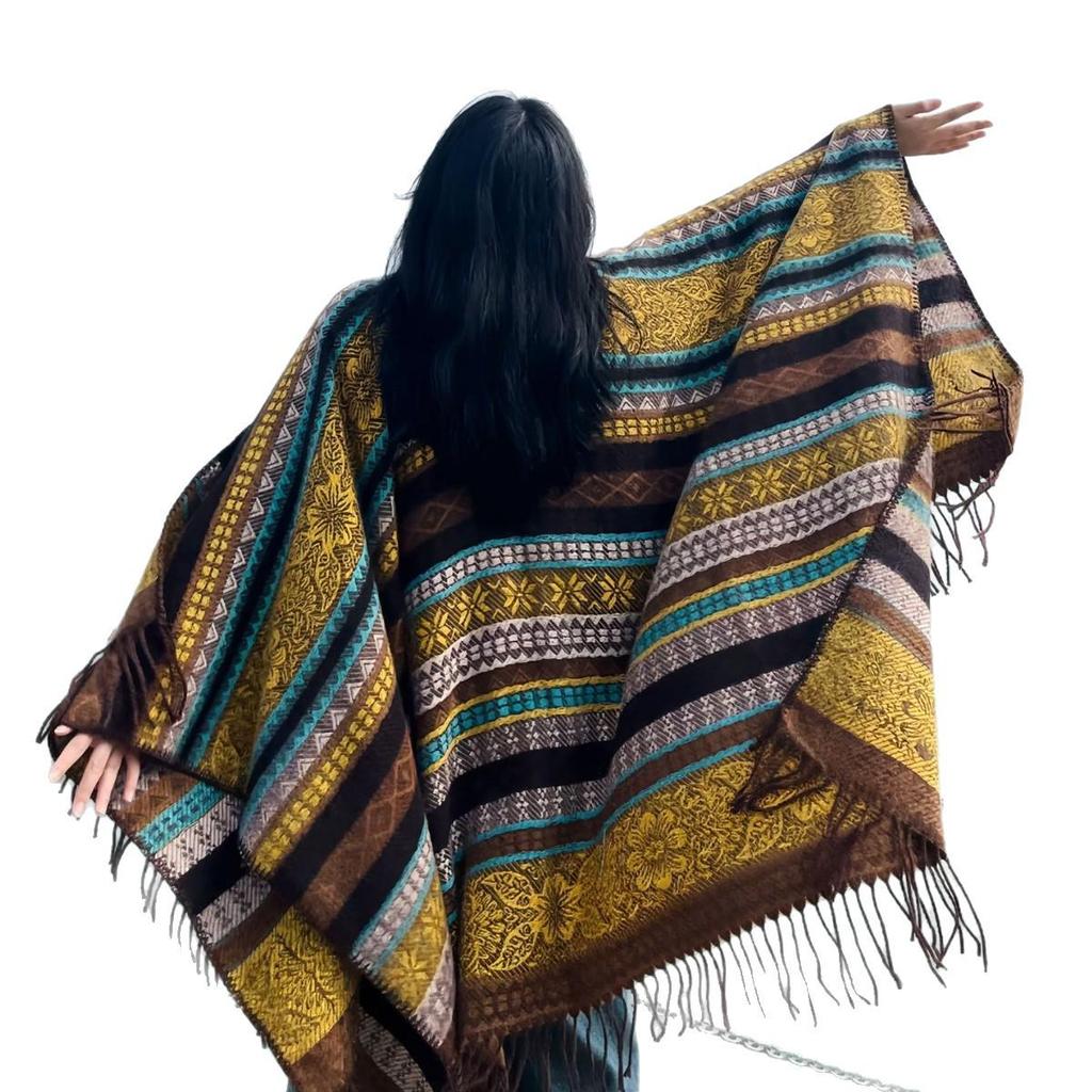 Ethnic Style Tassel Shawl: Xinjiang Tibet Yunnan Lijiang Travel Jacquard Outerwear Warm Striped Cape