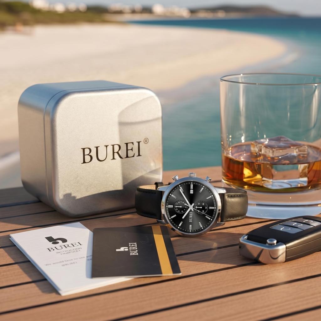 BUREI Brown Leather Date Quartz Simple and Suitable for High School and As a Luxury Gift Men's Watch, Strap, Analog, Display, Movement, Waterproof,