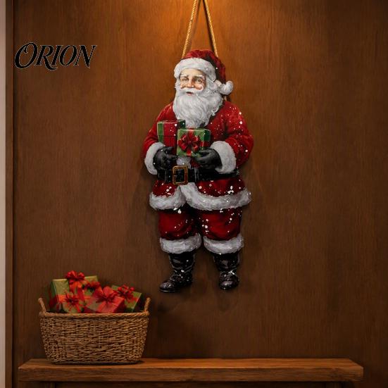 Traditional American Holiday Style Vintage Christmas Door Welcome Sign, Rustic Santa Claus Snowman Wooden Winter Seasonal Wall Art Wreath, Farmhouse