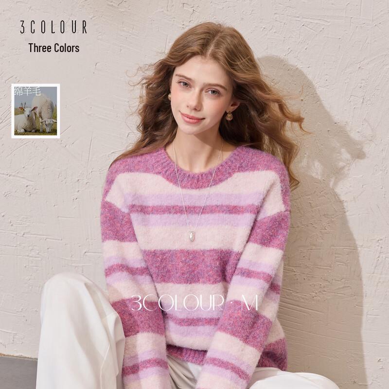 Sancai Women's Striped Round Neck Knit Sweater