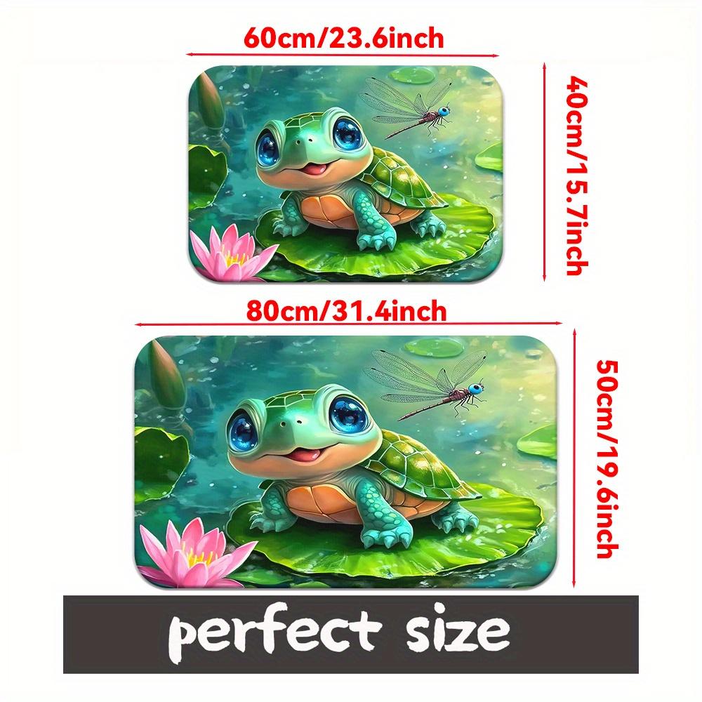 Adorable Turtle on Lotus Leaf with Dragonfly Flannel Rug Non-Slip Absorbent Cute Nature Theme Doormat for Front Door Kitchen