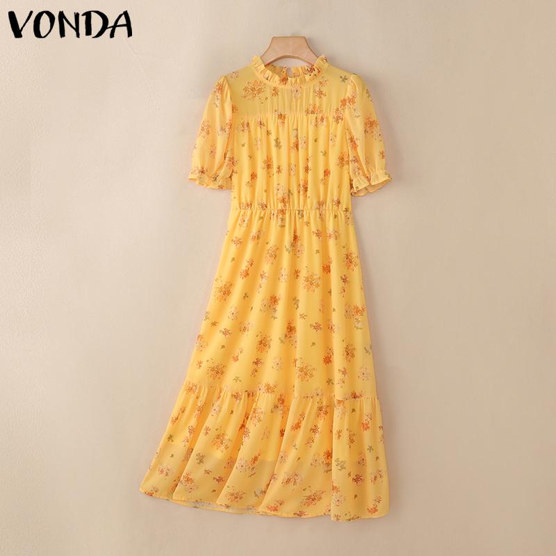 

VONDA Элегантное женское платье с пышными рукавами, цветочным принтом, оборками и многослойной юбкой, повседневное длинное плиссированное платье S