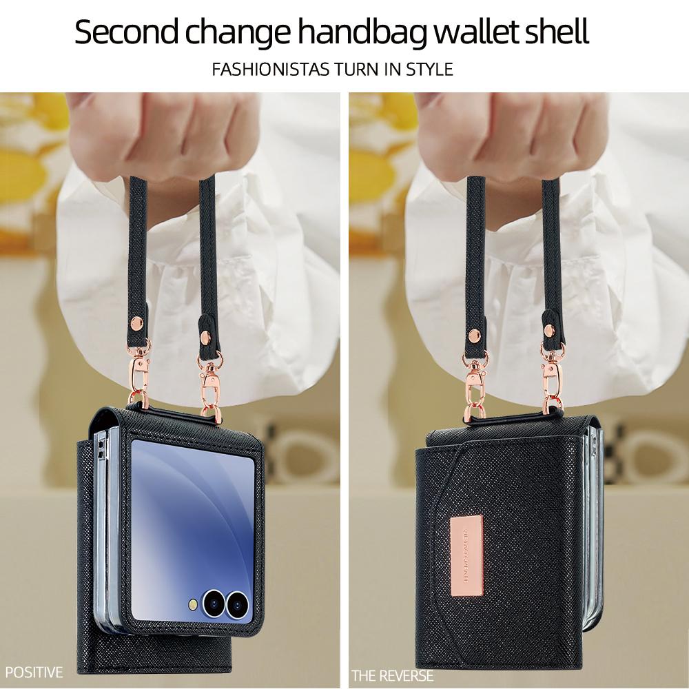 For Samsung Galaxy Z Flip7 5G Wallet Case PU+PC Shockproof Phone Cover with Wrist Strap