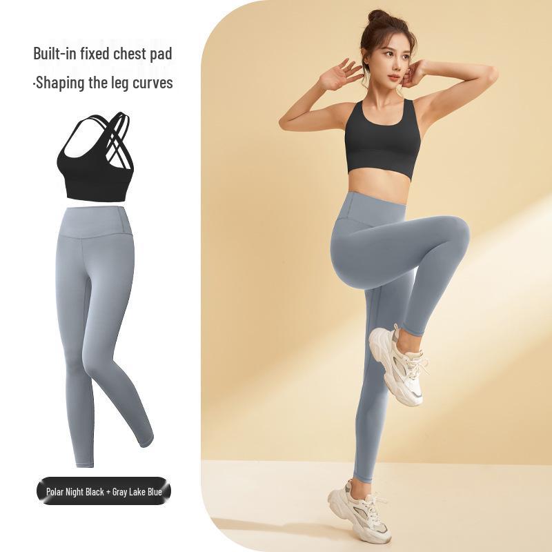 

Women s Summer Shockproof Cross Back Bra & High Waist Yoga Pants Set Extra Large