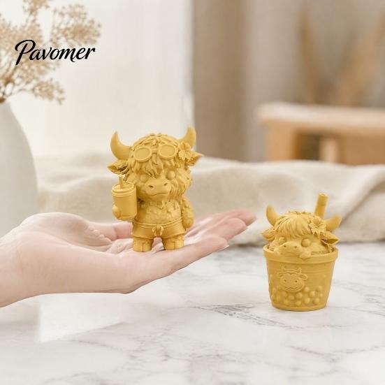 Desktop Landscaping Ornament 2Pcs Cute Highland Cow Figurine, 3D Printed Bubble Tea Statues, Handheld Drink Calf Summer Farmhouse Style Ornaments,