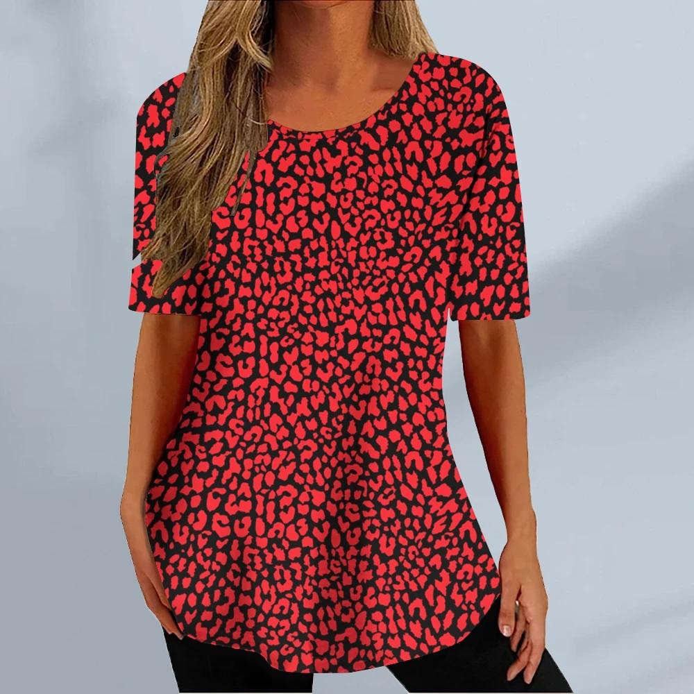 Summer Round Neck 3D Leopard Pattern Print Top Fashionable Casual Short Sleeved Women's T-shirts