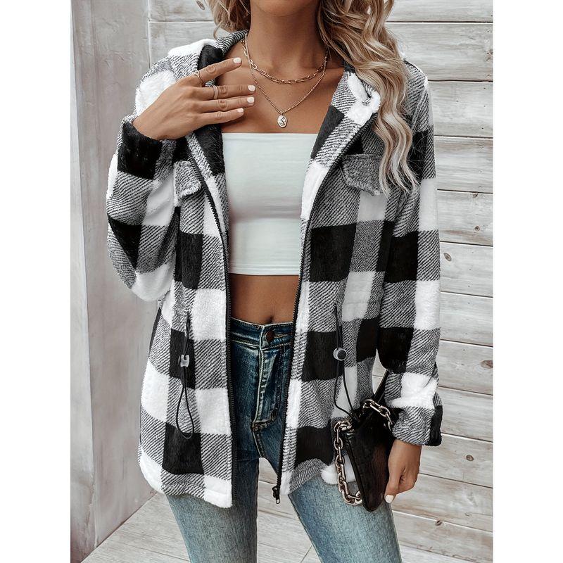 

Fashion Style Lapel Plaid Wool Coat Female Fall and Winter Elegant Retro Lazy Style Loose Lamb Wool Jacket Tops Black XS