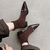 Temperament pointed short boots women's new leather boots thick heel medium heel elastic short women's boots thin boots