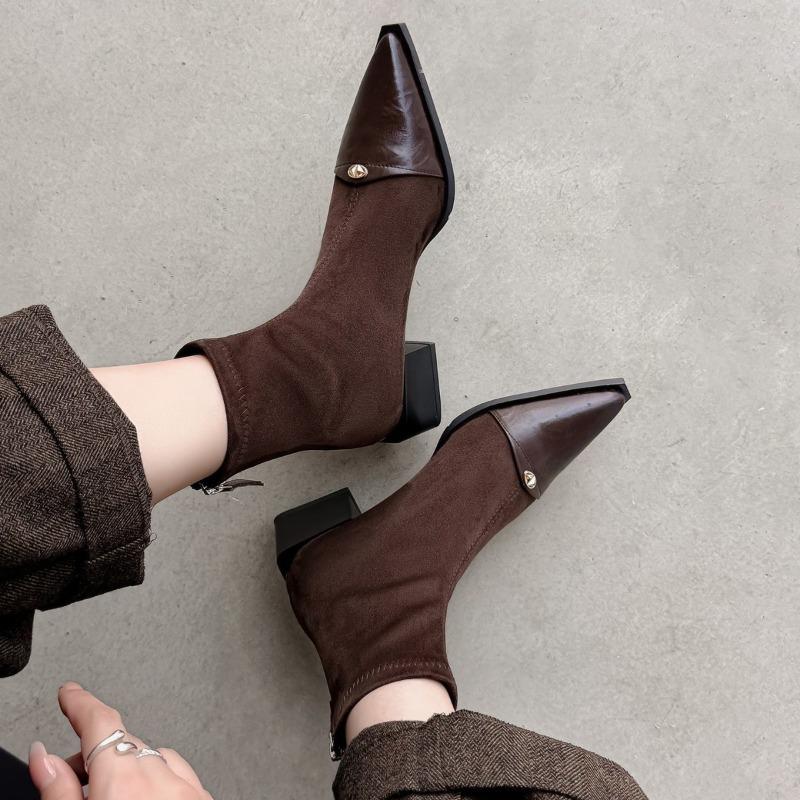 Temperament pointed short boots women's new leather boots thick heel medium heel elastic short women's boots thin boots