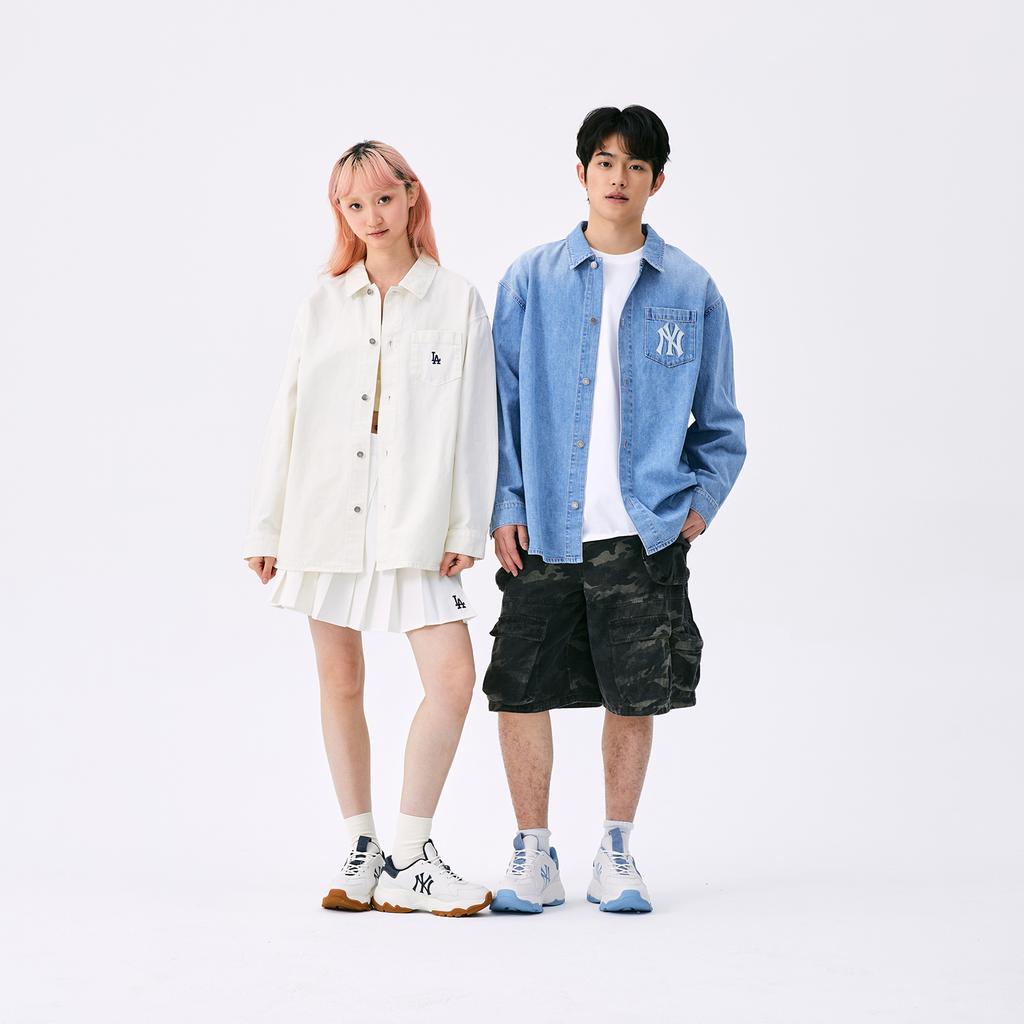 New MLB New York Yankees Anti Slip Wear Resistant Low Top Chunky Sneakers Unisex White Navy Blue 3ASHD045N-50NYS