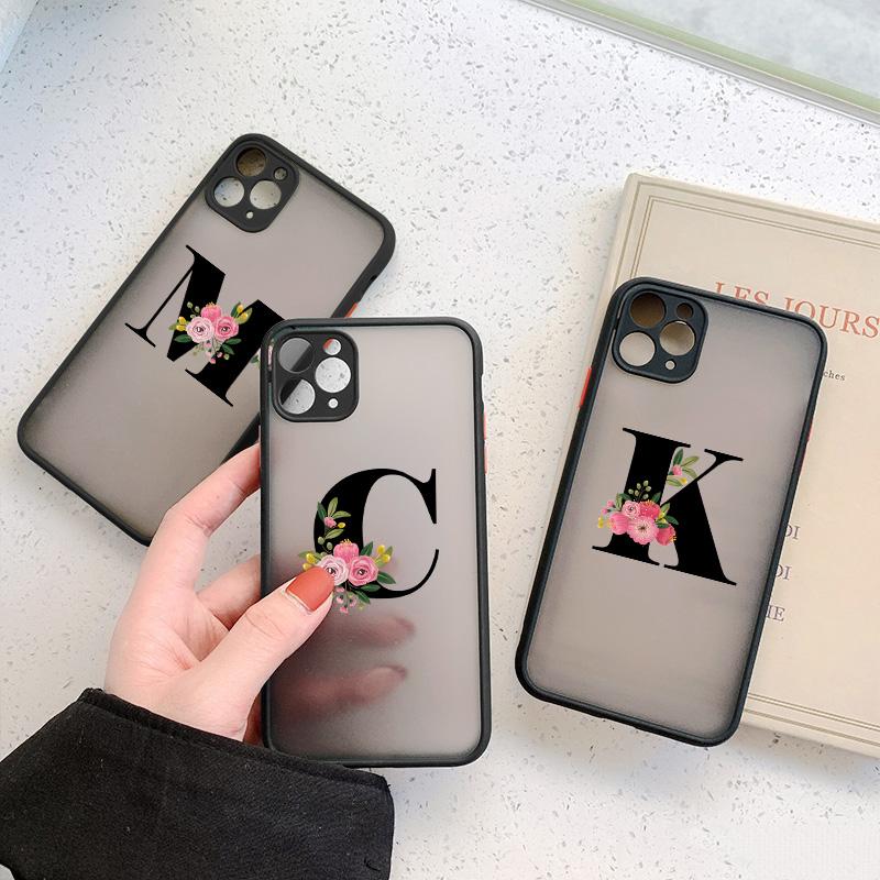 Black Letter Flower Matte Phone Case For iPhone 15 12 14 Pro Max Cases For iPhone 11 13 pro Back Cover fashion Shell Coque