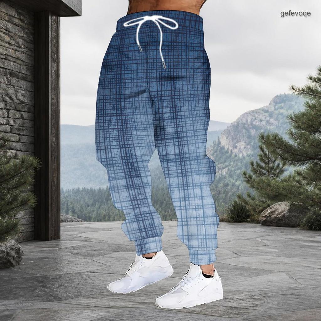 Men Plus Size Drawstring Printed Jogger Pants Teal White Black Striped Star Pattern Cuffed Ankle Side Pockets