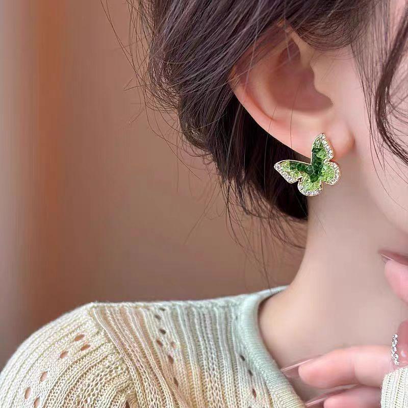 Elegant Forest Gradient Green Butterfly Earrings: Exquisite 925 Silver Needle Design