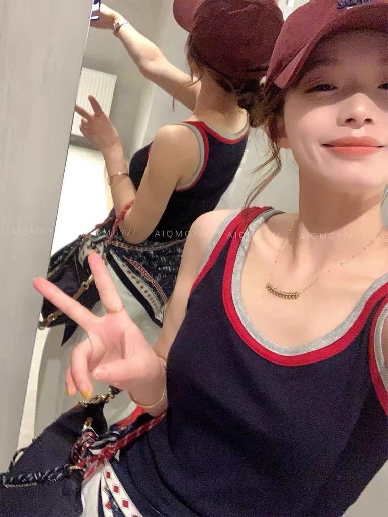 Women's Color Block Knitted Tank Top - Spaghetti Strap, Slim Fit, Underarm Coverage, Spring/Summer/Autumn