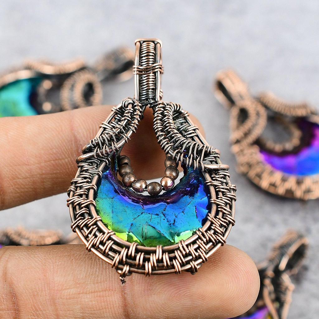 Tavuskuşu Aura Druzy Taş Saf Bakır Tel Sarma El Yapımı Takı Kolye