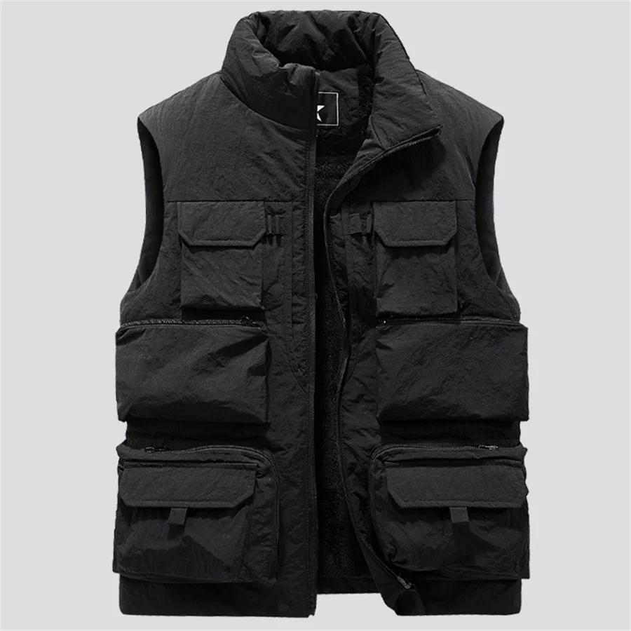 Fashion Men Cargo Vest Winter Thick Fleece Warm Sleeveless Sport Jacket Solid Color Coat Men Pockets Work Waistcoat