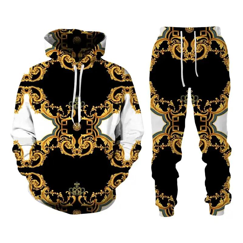Fashion Luxury Golden Pattern Men Hoodie Sets 3D Print Sweatshirt Hooded Sweatshirt Oversize Sportswear Trousers Suit  Clothing