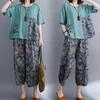Mom's Women's Cotton Two-Piece Set Korean Style Slimming Printed Cropped Pants Summer Outfit Loose Fit Fashion for Mature Women