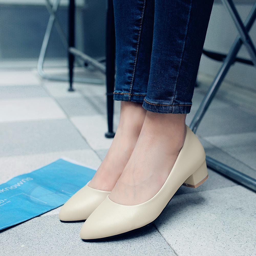 Spring Women Pumps High Quality Low-heel Women Shoes Comfortable Office Pointed Toe Slip-on Ladies Chunky Heels Pumps 32-48