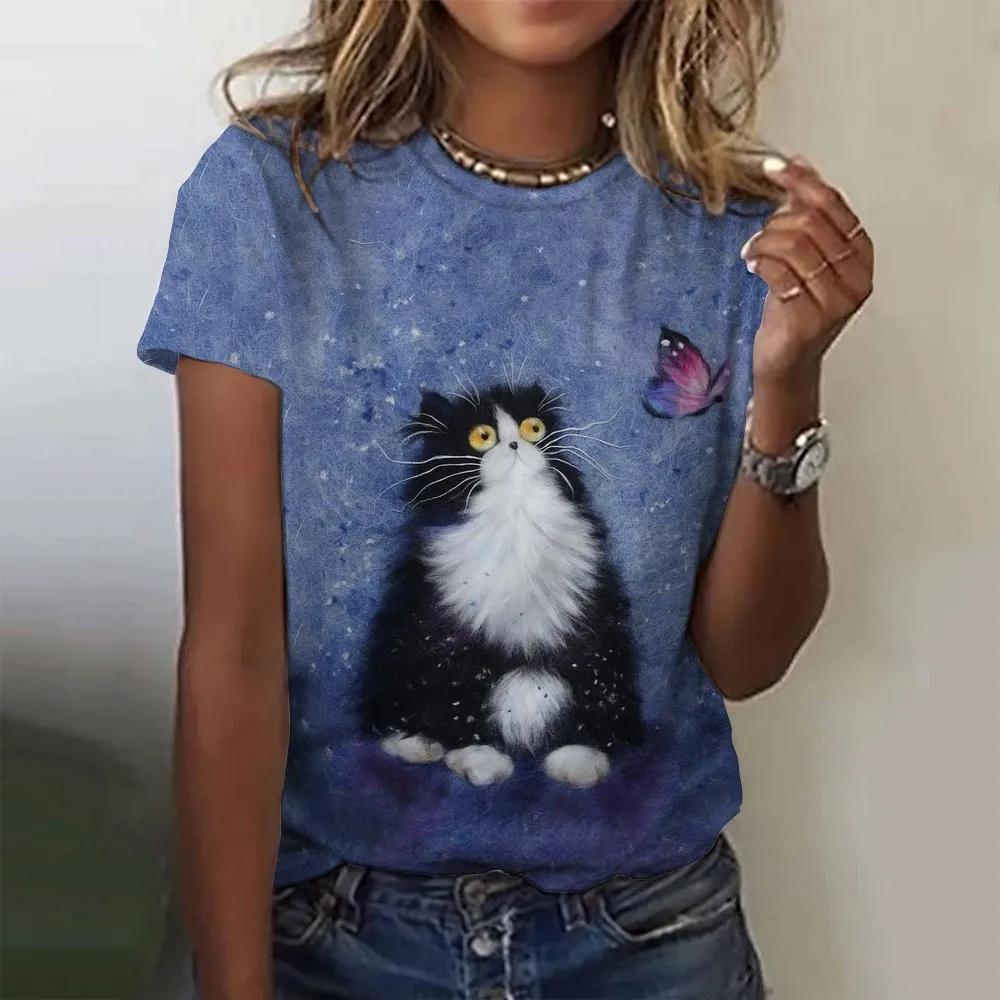 Summer Women Fashion T-shirt Funny Cartoon Cat Pattern O-Neck Tops Tees Female Short Sleeve Clothing Ladies Daily Casual Outfit
