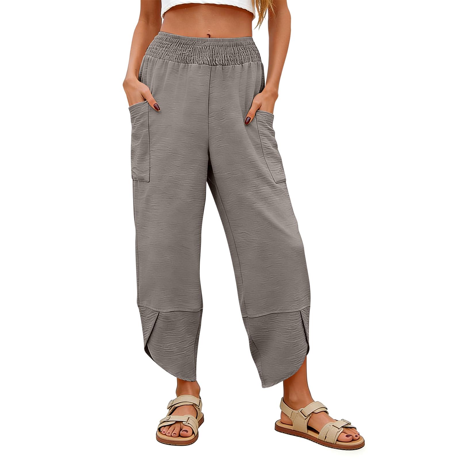 

Women s Casual Linen Blend Pants Elastic Waistband Wide Leg Relaxed Fit Lightweight Breathable Trousers Suitable for Everyday Wear L