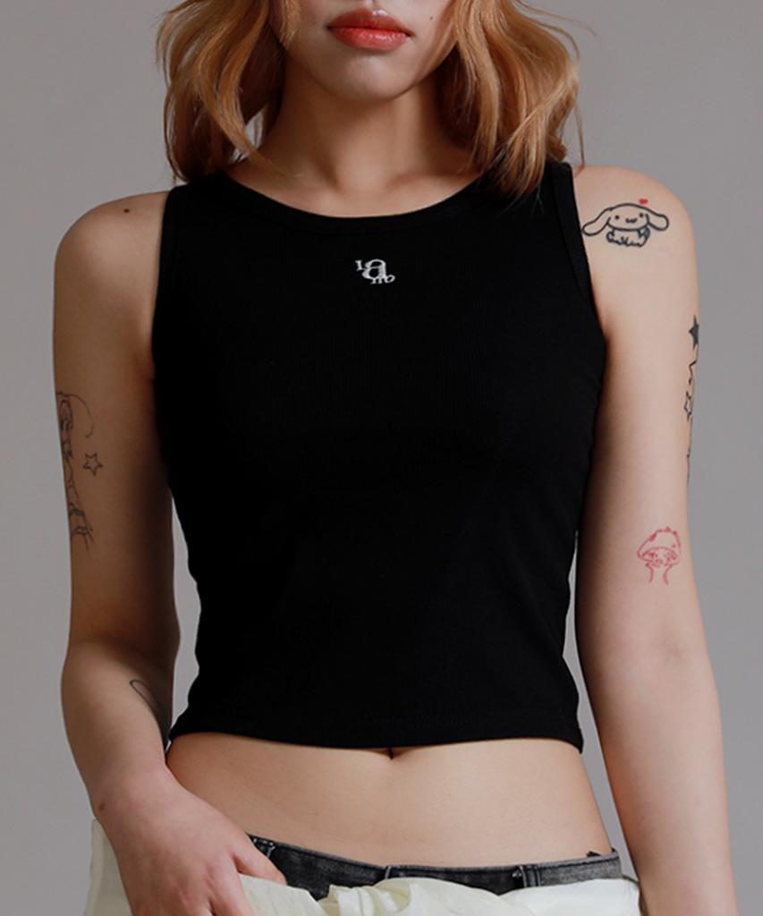 LIKE THE MOST Basic Embroidered Ribbed Sleeveless_Black