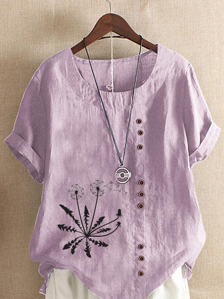 Women's Fashion Black Dandelion Print Shot Sleeve T-shirt Loose Cotton Shirt Casual Loose Summer Blouse Tops Plus Size