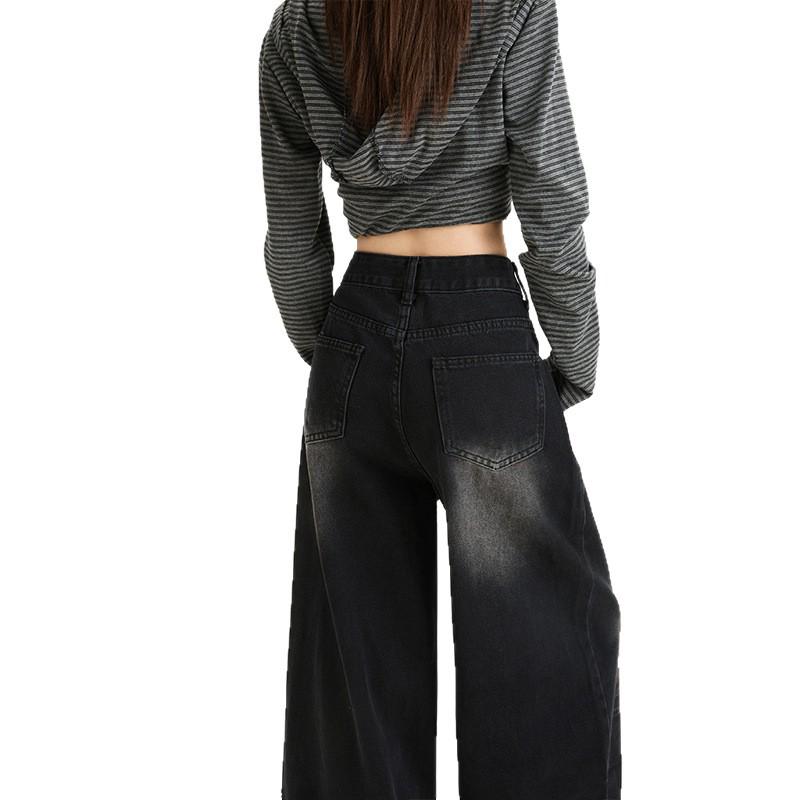 Dámské retro černé a šedé džíny se širokými nohavicemi s designem puku pro podzim 2025