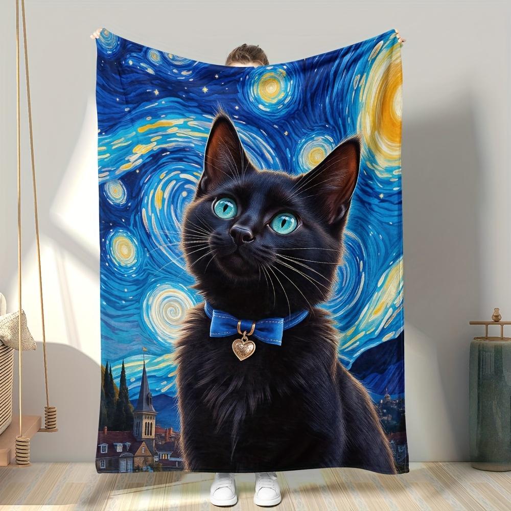1pc Lightweight and Comfy Flannel Blanket with Van Gogh Cat Starry Night Design, Ideal for Home Leisure, Guest Beds, Sofa Throws, Office Use, Camping
